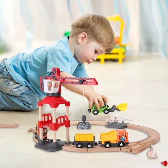 WINB Wooden Train Tracks 70pcs & Construction site Wooden Train Track, Gift Packed Toy Railway Kits for Kids, Toddler Boys and Girls 3,4,5 Years Old and Up– Premium Wood Construction Toys-Fits 70pcs