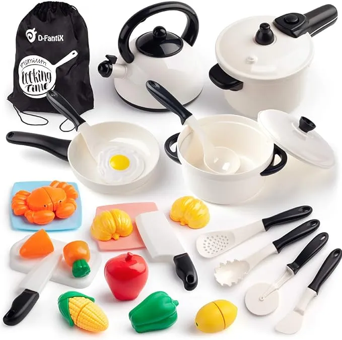 D-FantiX Kids Pretend Play Kitchen Accessories Set, Toddlers Pots and Pans Cookware Playset, Kids Cooking Toys with Utensils, Knife, Cutting Food Kitchen Playset for Girls and Boys Age 2 3 4 5 6 7