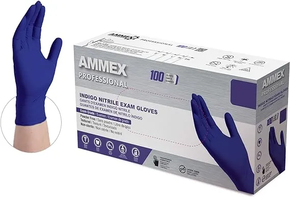 AMMEX Indigo Nitrile Exam Gloves, 3 Mil, Latex Free, Powder Free, Textured, Disposable, Non-Sterile, Food Safe