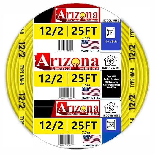 Arizona Electrical Solutions 25 Feet 12/2 Type NM-B. Copper #12 AWG, 2 Conductor with Ground Insulated Jacket Yellow