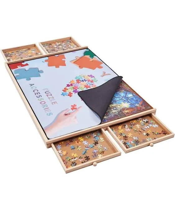 YISHAN Wooden Jigsaw Puzzle Board Table for 1000 Pieces with Drawers and Cove...