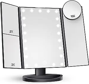 HUONUL Makeup Mirror Vanity Mirror with Lights, 2X 3X 10X Magnification, Lighted Makeup Mirror, Touch Control, Trifold Makeup Mirror, Dual Power Supply, Portable LED Makeup Mirror, Women Gift (White)