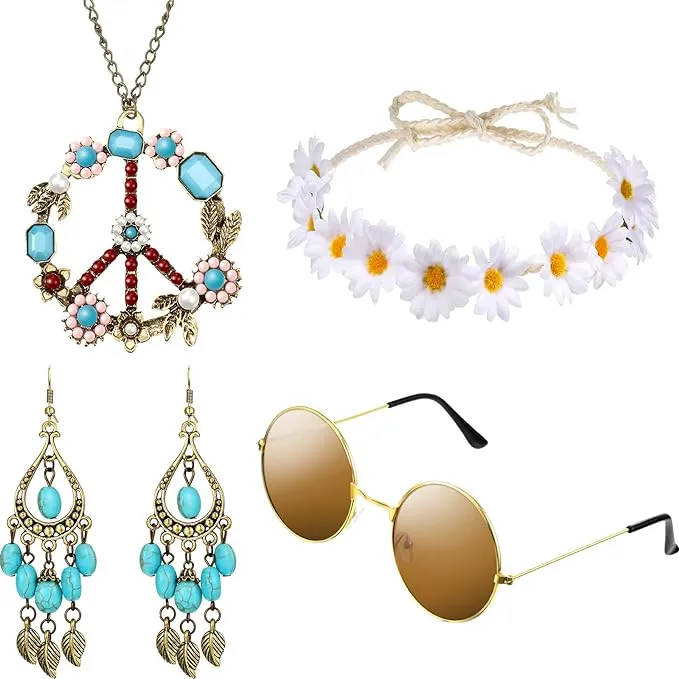 Hicarer Hippie Costume Set Include Sunglasses, Headband, Peace Sign Necklace and Earring (Turquoise Style)