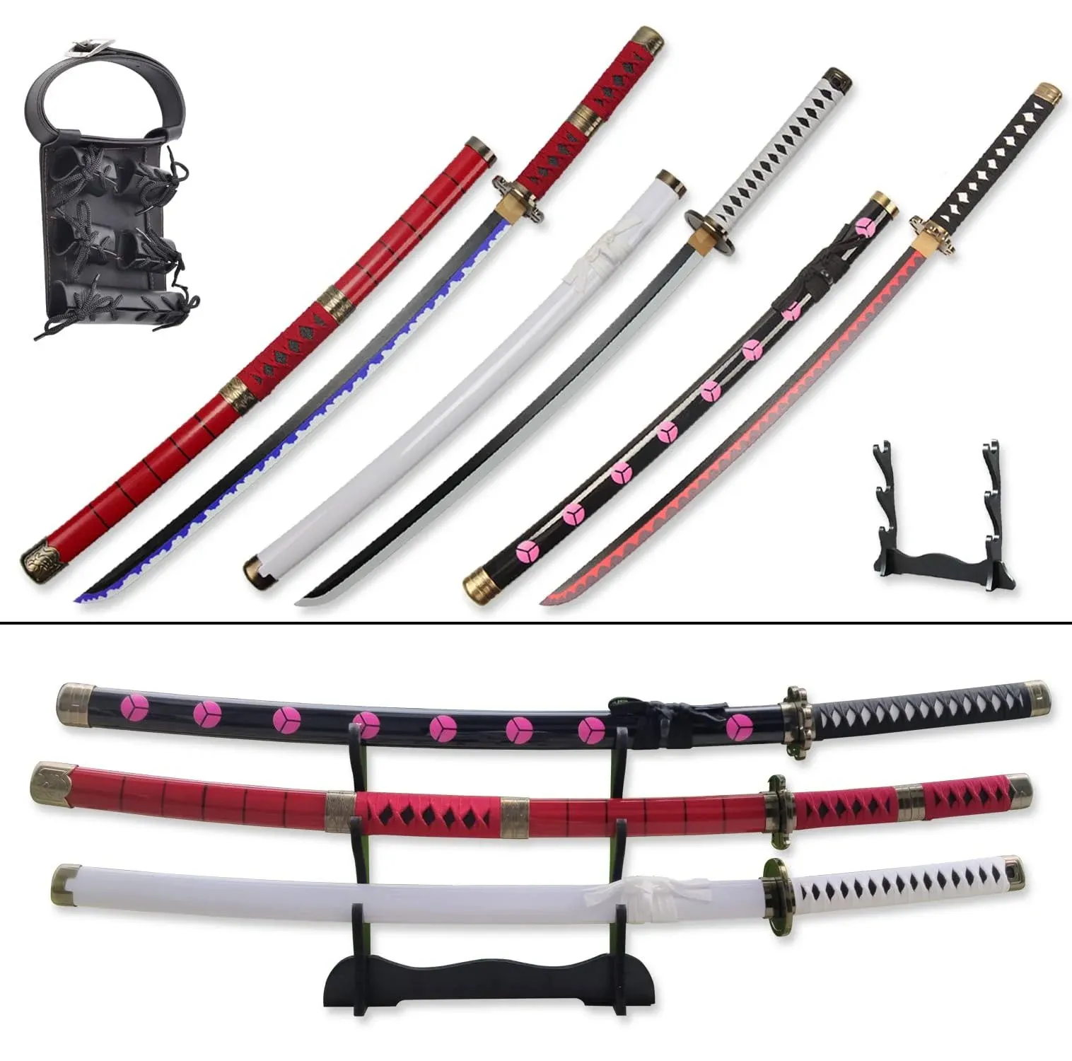 Roronoa Zoro 3 Piece Set Swords Kitetsu Yama Enma Wado Ichimonji with Display Stand Zoro Role Play Accessories Made of Metal,for Role-Playing and Collection Two Combinations Available