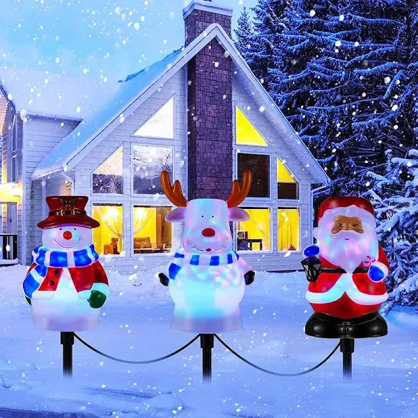 Christmas Snowman Pathway Lights Outdoor, 3 in 1 LED Landscape Path Lights for Holiday Decoration, 2021 Snowman Santa Reindeer Pathway Lights for Garden, Yard, Lawn, Porch, Outdoor Décor Plug in