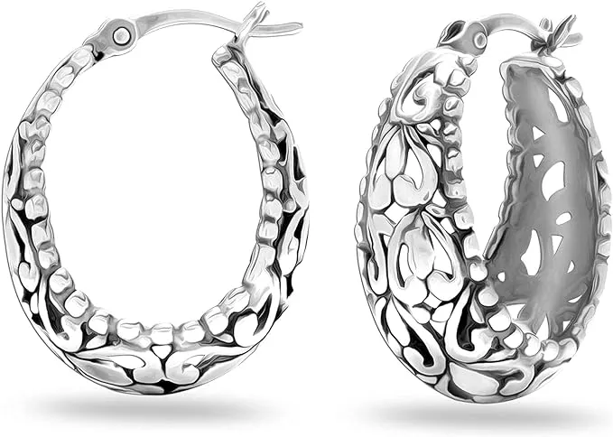 LeCalla Women's Floral Design Light-weight Oval Filigree Hoop Earrings