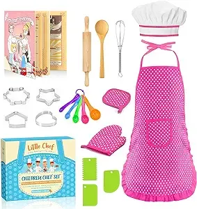  Gifts for 3-12 Year Old Girls, Kids Apron for Girls Kids Cooking Set, Pink