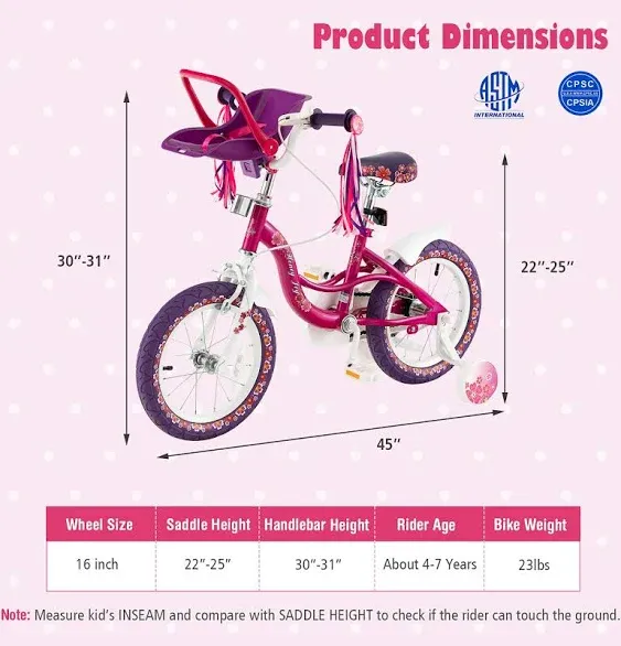 Costway 16'' Kids Bike with Doll Seat Girls Bicycle with Training Wheels for 4-7 Years Old Girl