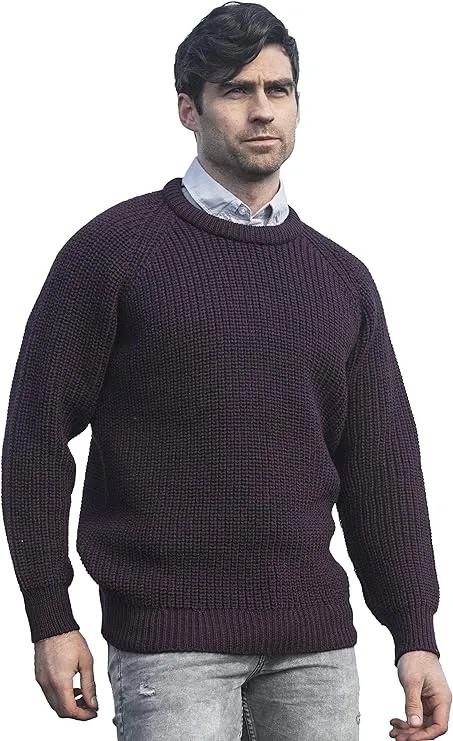 Aran Crafts Men's Fisherman Irish Rib Crew Neck Wool Sweater