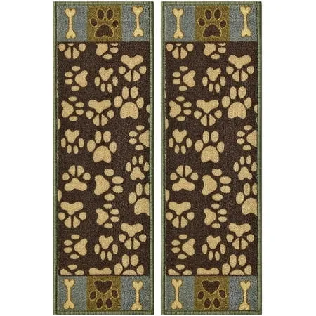 Stair Treads Skid Slip Resistant Backing Indoor Carpet Stair Treads Pet Paw Design 8 ½ inch x 26 ¼ inch (Set of 2 Brown Teal)