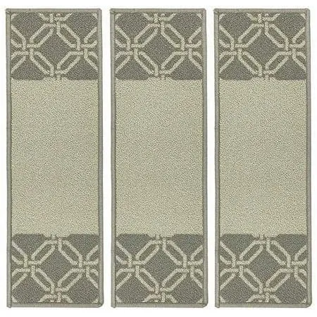 Stair Treads Skid Slip Resistant Backing Indoor Carpet Stair Treads Lattice Border Moroccan Design 8 ½ inch x 26 ¼ inch (Set of 3 Grey)