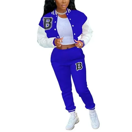 Kiapeise Womens 2pcs Crop Baseball Jacket Tracksuit Varsity Jacket Patchwork Outfit Letter Bomber Coat Bodycon Sweatpants Set