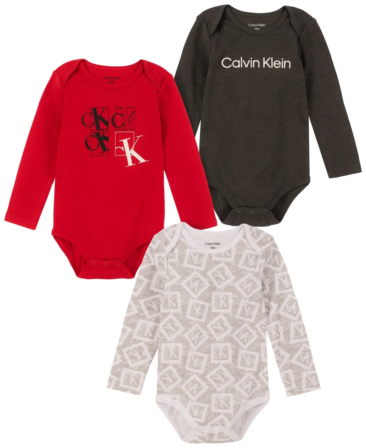 Calvin Klein | Baby Boys Multi Long Sleeve Bodysuits, Pack of 3 - Red | Realry