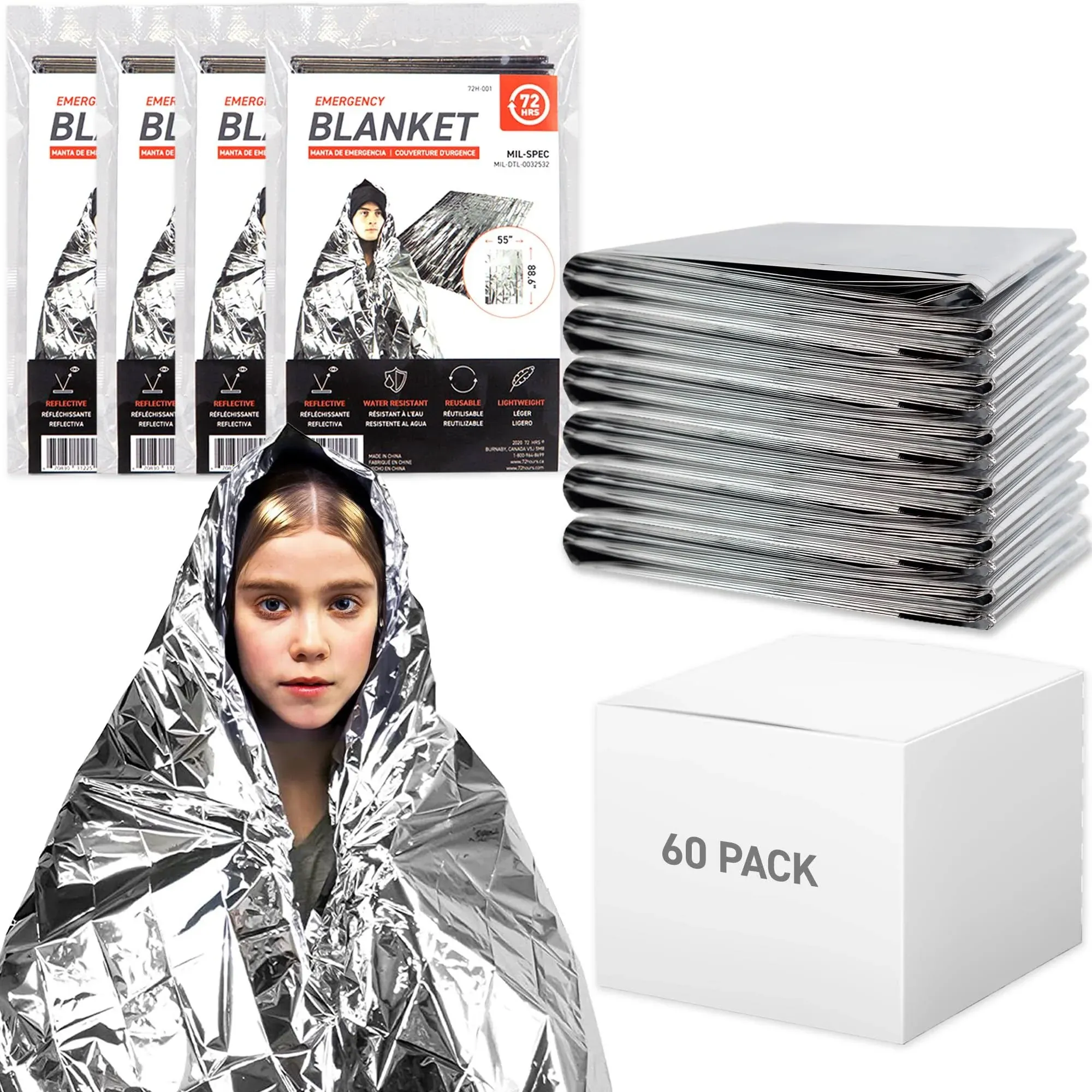 72 HRS Extra Large MIL-SPEC Emergency Mylar Thermal Blanket (Pack of 60) Heat...