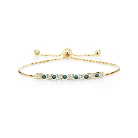 Gem Stone King 18K Yellow Gold Plated Silver Adjustable Tennis Bracelet for Women Up to 9 inch Set with Forever Classic Round 0.85cttw Created Moissanite from Charles & Colvard and Diamond