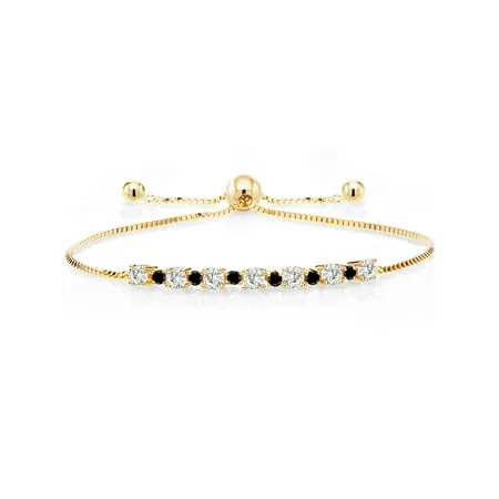 Gem Stone King 18K Yellow Gold Plated Silver Adjustable Tennis Bracelet for Women Up to 9 inch Set with Forever Classic Round 0.85cttw Created Moissanite from Charles & Colvard and Diamond