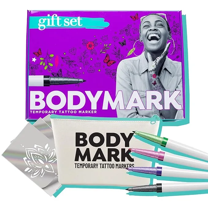 BodyMark Gift Set Temporary Tattoo Marker for Skin, Premium Brush Tip, 4 Count Pack of Assorted Colors and Stencils, Skin-Safe Temporary Tattoo