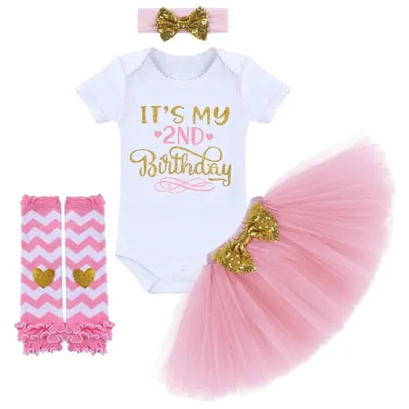 IBTOM CASTLE Toddler Baby Girls Half/1st/2nd Birthday Cake Smash Outfit Princess Romper + Tutu Skirt + Headband + Leg Warmers Leisure Clothes Set 4-Piece