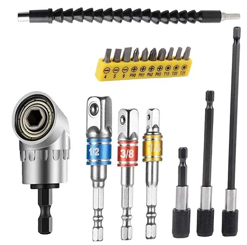 Flexible Drill Bit Extension, Includes 105° Right Angle Drill, Bendable, 3pcs 1/4 3/8 1/2" Universal Socket Adapter Set, 3pcs Drill Bit Holder, Screwdriver Bit Kit