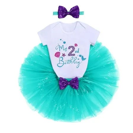 IBTOM CASTLE Toddler Girls Mermaid 1st/2nd/3rd Birthday Cake Smash Outfit Princess Romper + Tutu Skirt + Shiny Bowknot Headband Leisure Clothes Set 3-Piece