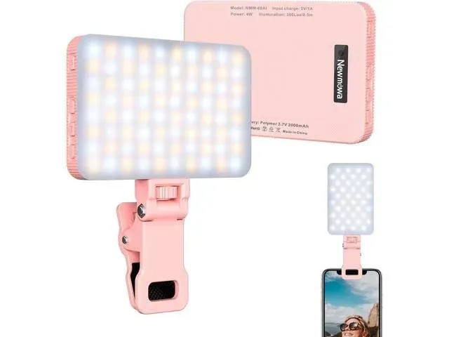 Newmowa Pink Rechargeable Selfie Light Portable Clip on Video Light for Phone/Laptop/Camera with Smart Light Sensor,3 Light Mode,2000mAh Battery Pho