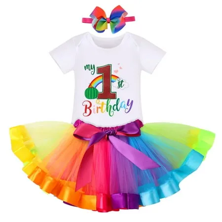 IBTOM CASTLE Baby Girls Watermelon 1st Birthday Outfit Cake Smash Romper Rainbow Tutu Skirt Headband Summer Clothes for Photo Shoot