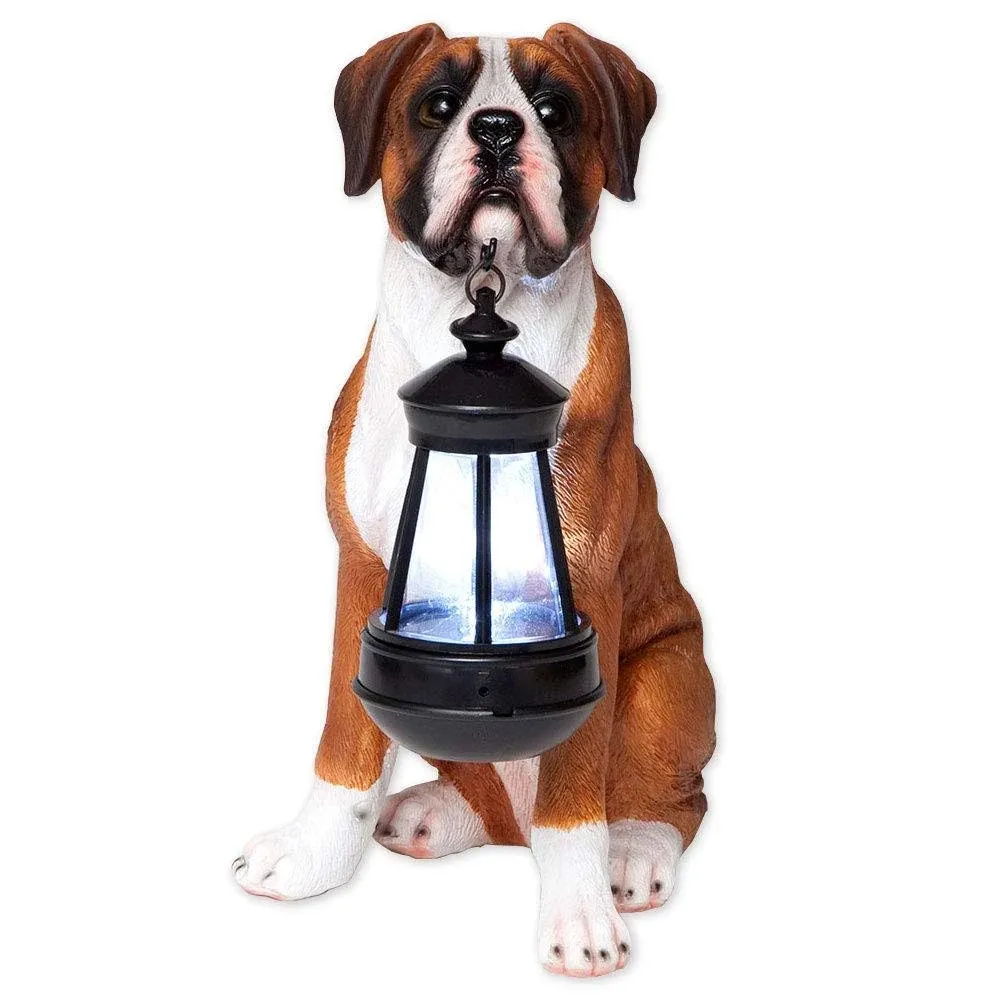 Boxer Dog Breed LED Solar Patio / Garden Lantern Hand-painted Resin 11" H