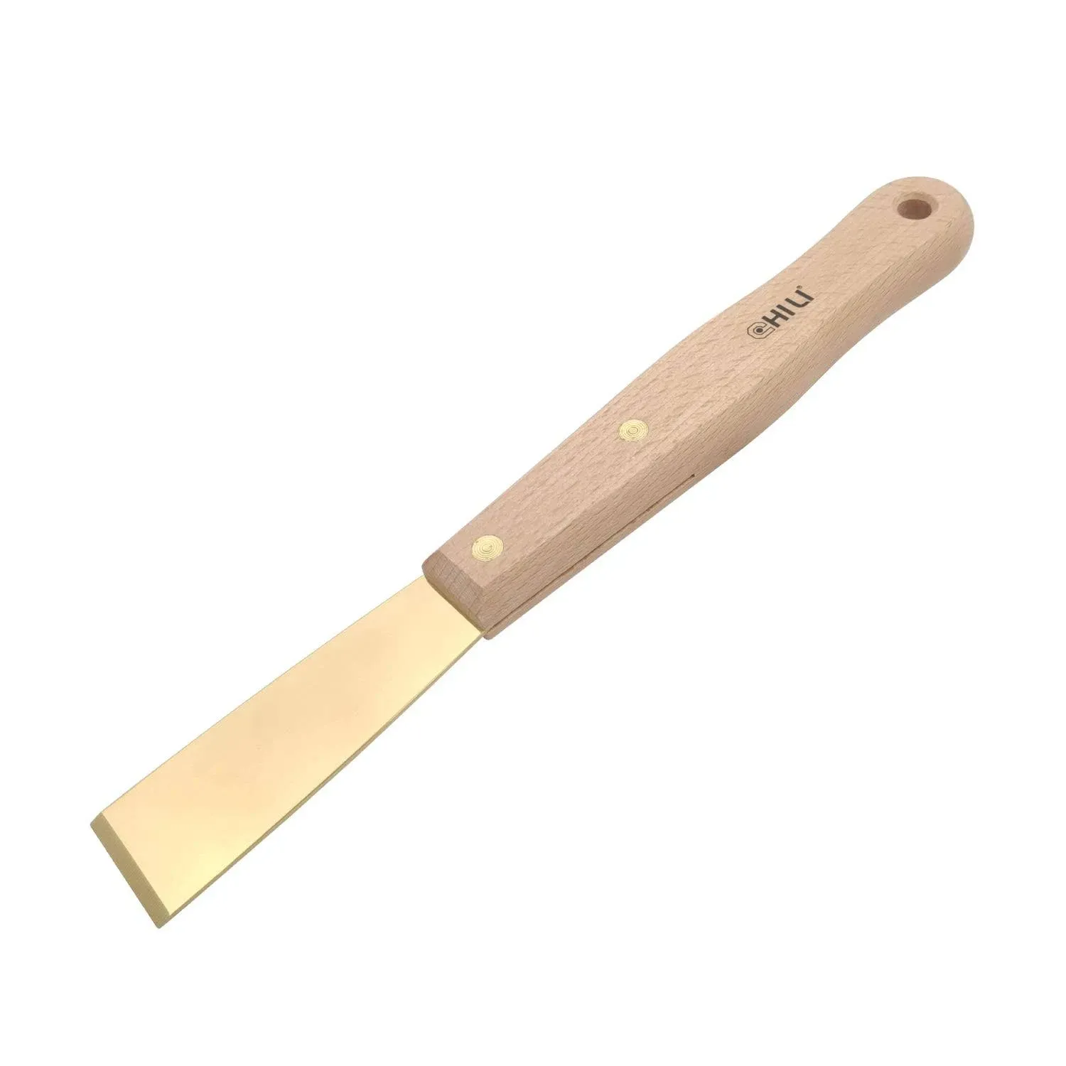 CHILI Tools 1-1/4" Brass Scraper With Long Beech Wooden Handle, Non-Scratch, Non-Spark, Non-Magnetic, Made In Taiwan