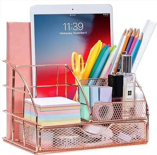 Zodaca Rose Gold Desk Organizer with Drawer Pen Holder Metal Mesh Office ...