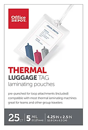 Office Depot Brand Laminating Pouches, Luggage Tag with Loop, 5 mil, 2 1/2" x 4 1/4", Pack of 25