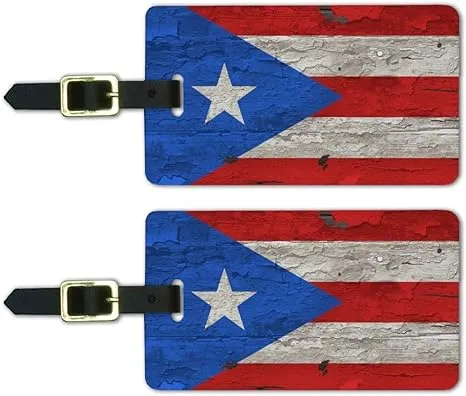 Rustic Distressed Puerto Rico Flag Wood Look Luggage ID Tags Suitcase Carry-On Cards - Set of 2