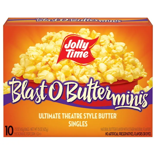 JOLLY TIME Blast O Butter Minis Microwave Popcorn, 1.5 oz, 10 Count Theatre Style Butter Gluten-Free