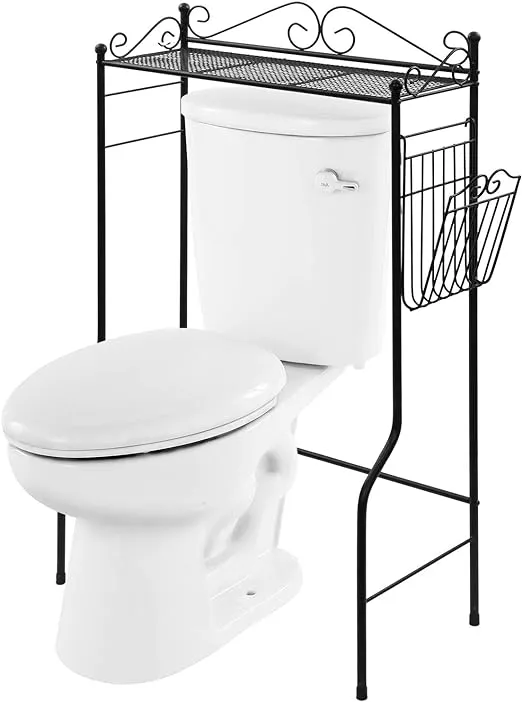 MyGift Black Metal Bathroom Over The Toilet Shelf with Magazine Basket, Space Saver Freestanding Storage Organizer Rack