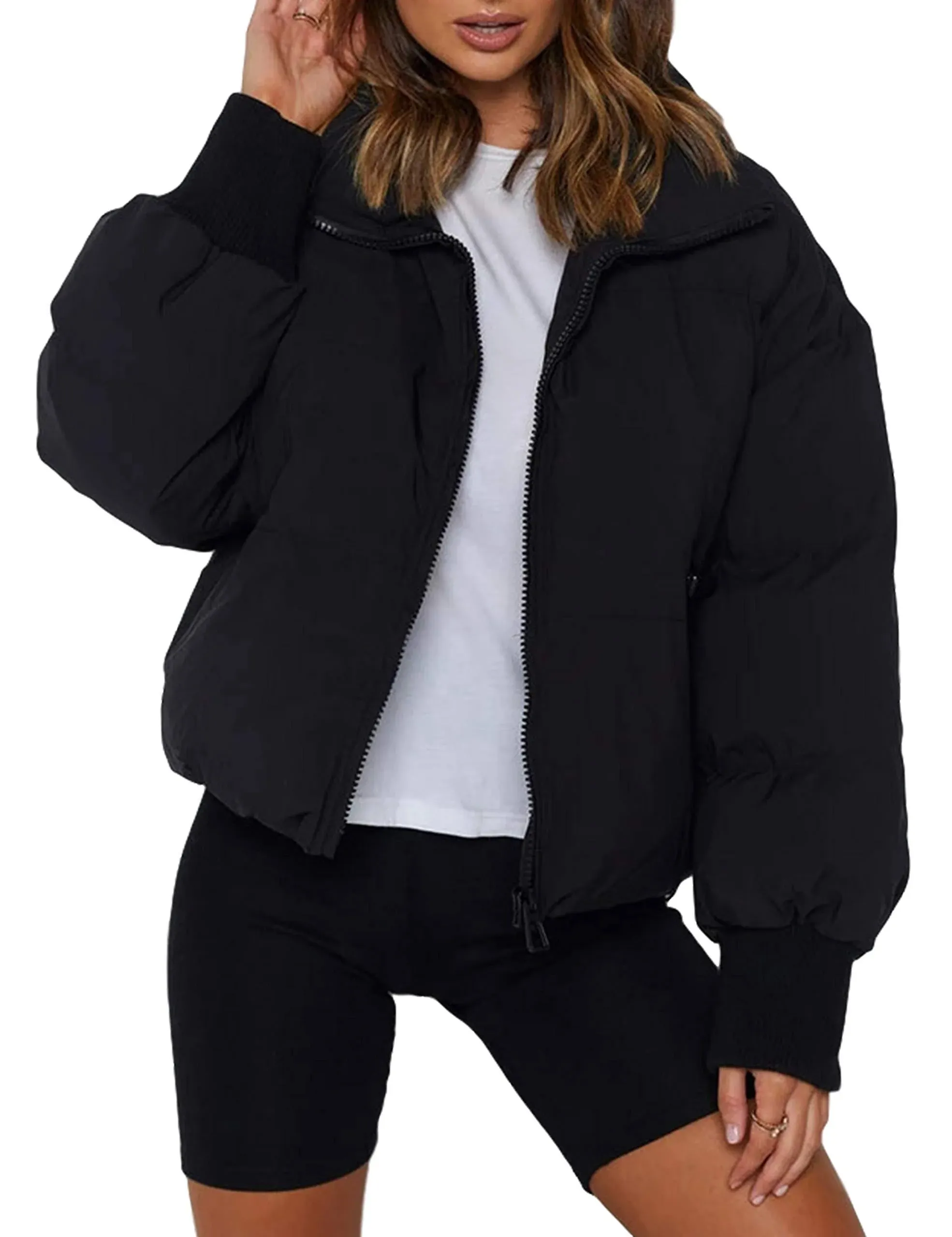 UANEO Womens Casual Padded Full Zip Stand Collar Long Sleeve Puffer Jackets