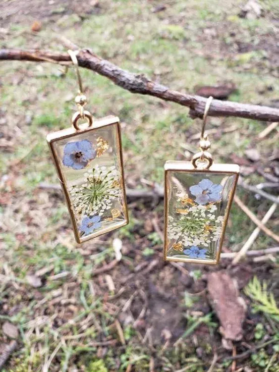 Pressed Flower Earrings,Handmade Forget-Me-Not and Queen Anne's Lace Pressed ...