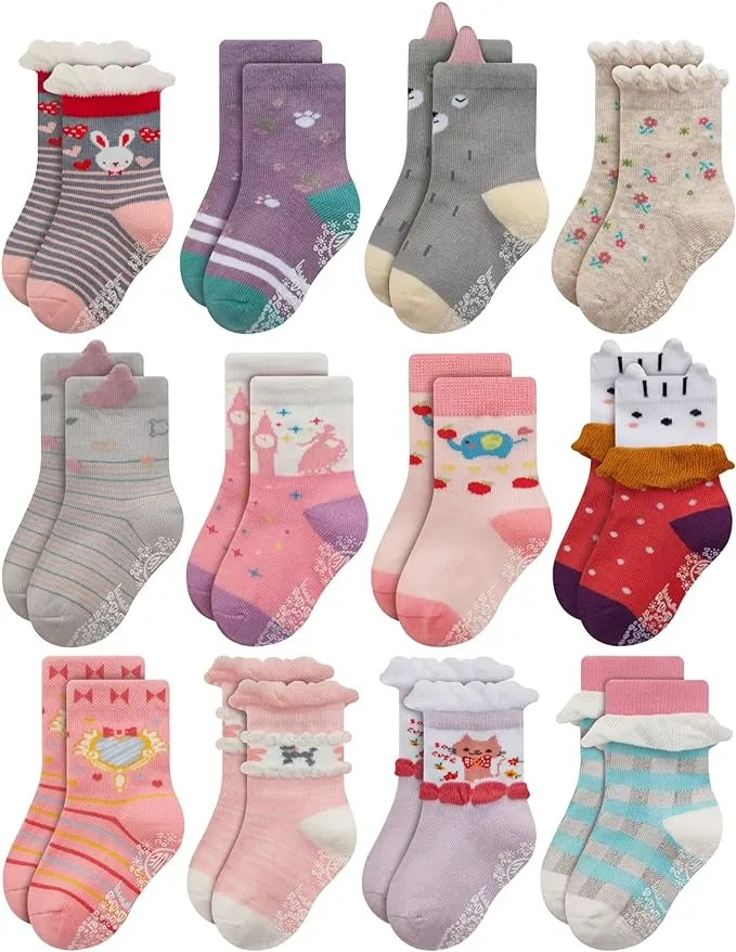 RATIVE Non Skid Anti Slip Cotton Dress Crew Socks With Grips For Baby Infant Toddler Kids Girls