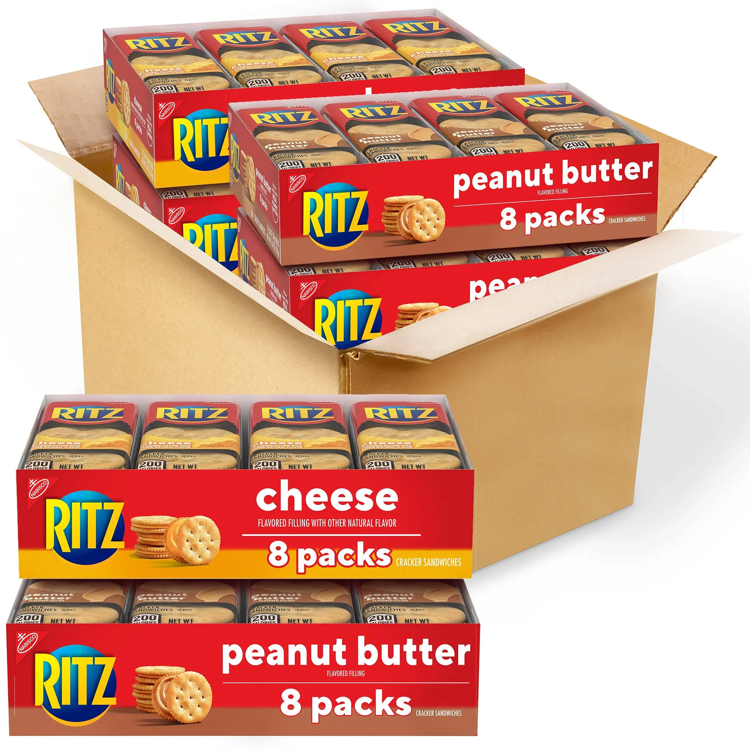 RITZ Peanut Butter Sandwich Crackers and Cheese Sandwich Crackers Variety Pack, School Lunch Box Snacks, 32 Snack Packs