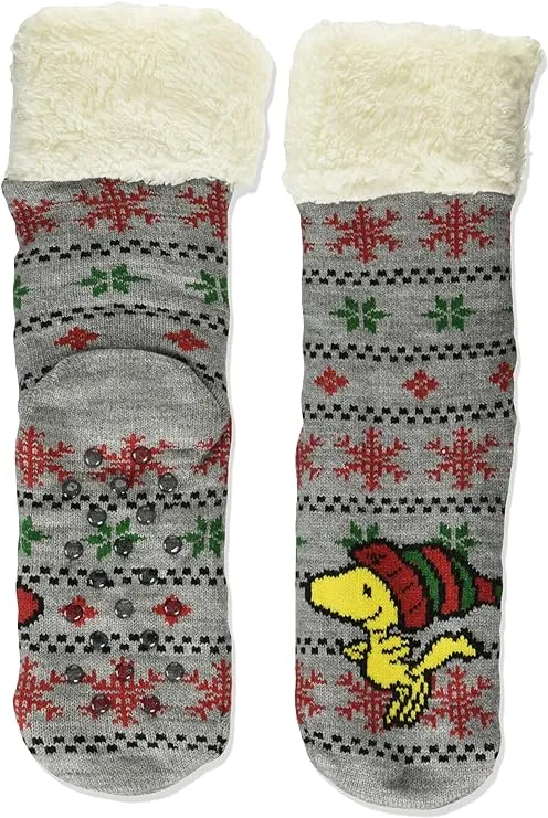 PEANUTS Ladies WOODSTOCK CHRISTMAS Sherpa Lined Gripper Bottom Slipper Socks