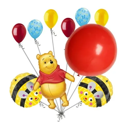 11 pc Pooh Bear Red Balloon Happy Birthday Bouquet Decoration Winnie Blustery