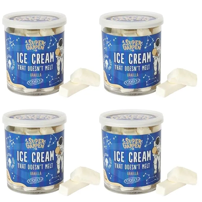 Super Garden Freeze Dried Ice Cream Vanilla 4 Pack | No Melting Freeze Dried Candy | Crunchy & Delicious Camping Food | Premium Vanilla Ice Cream Treat for Kids and Adults | Gift Set | 4x1.24oz