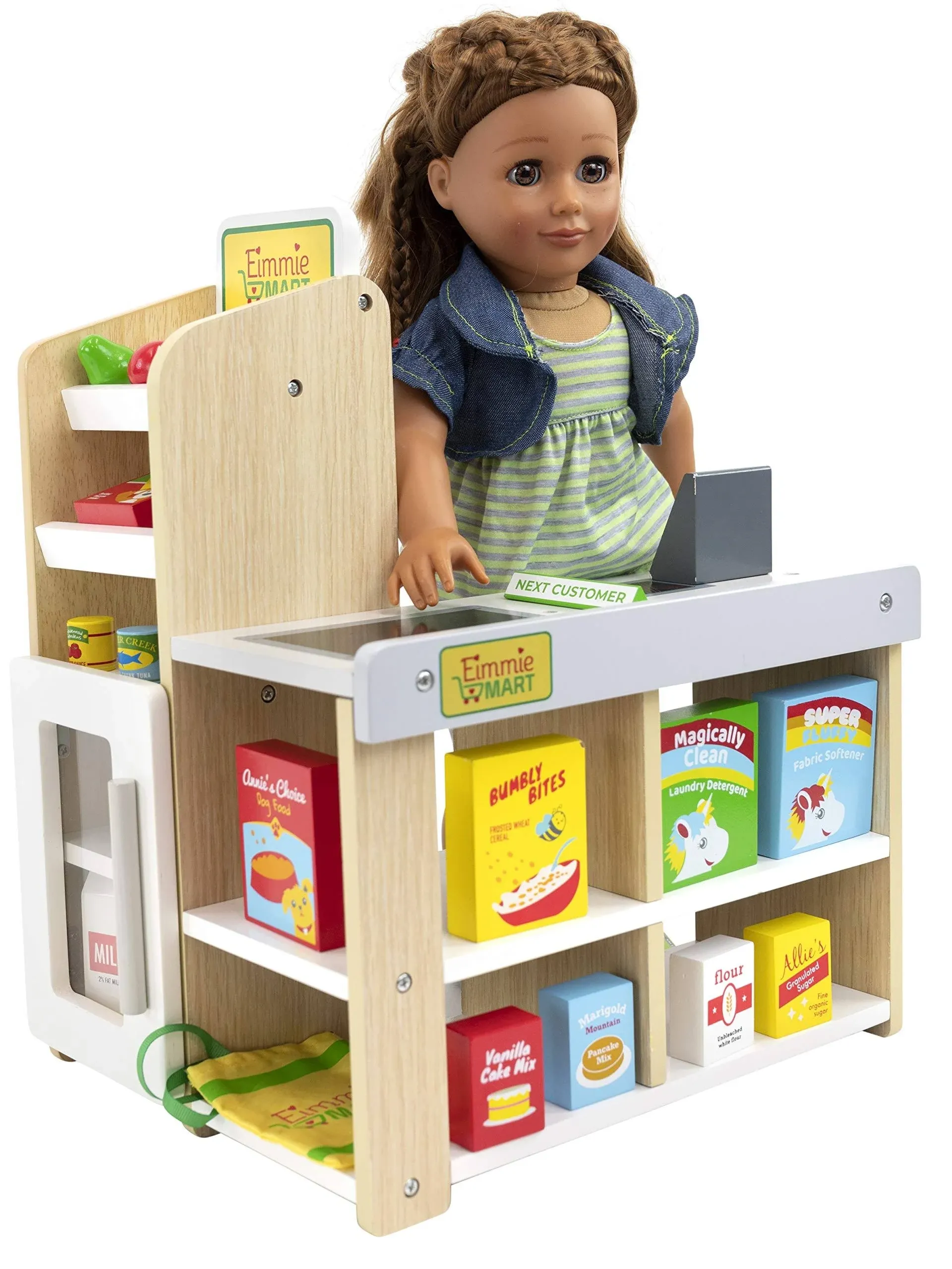 Playtime by Eimmie Wooden Grocery Store | Baby Doll Accessories | 18 Inch Doll House Accessories and Furniture | Compatible with Barbie Dolls and American Girl Dolls | 25+ Doll-Sized Accessories