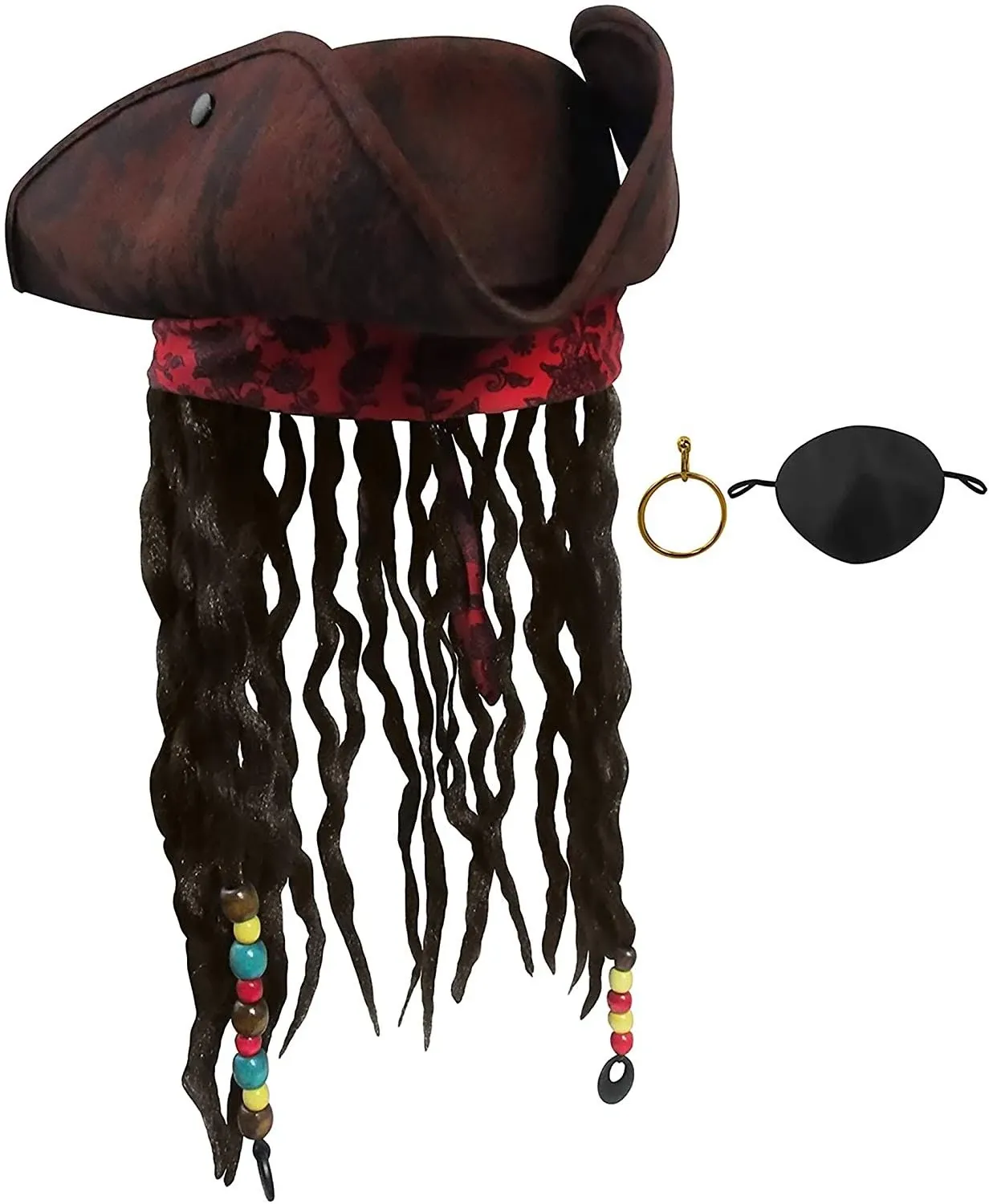 Nicky Bigs Novelties Jack Caribbean Sparrow Tricorn Pirate Hat Buccaneer Beads Dreadlock Hair Costume, Size: One size, Brown