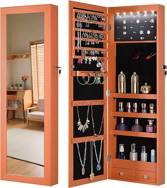 BOSTANA 6 LED Lights Storage Jewelry Mirrors, 43.4" H Mirror Jewelry Cabinet Wall Door Mounted, Lockable Mirror with Jewelry Storage for Living Room Bedroom(Orange)