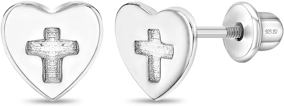 925 Sterling Silver Screw Back Cross Heart Earrings Babies Toddlers Girls