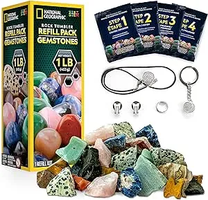 National Geographic Rock Tumbler Refill Kit – 453 g Gemstones and Rocks for Tumbling including Unpolished Amethyst and Quartz – Rock Tumbler Supplies include Rock Tumbler Grit & Jewellery Accessories