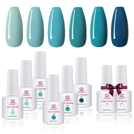 Makartt Gel Nail Polish Kit - 6 Bottles Blue Pastel Color Soak off Gels Nail Gel Polish with Base and Top Coat