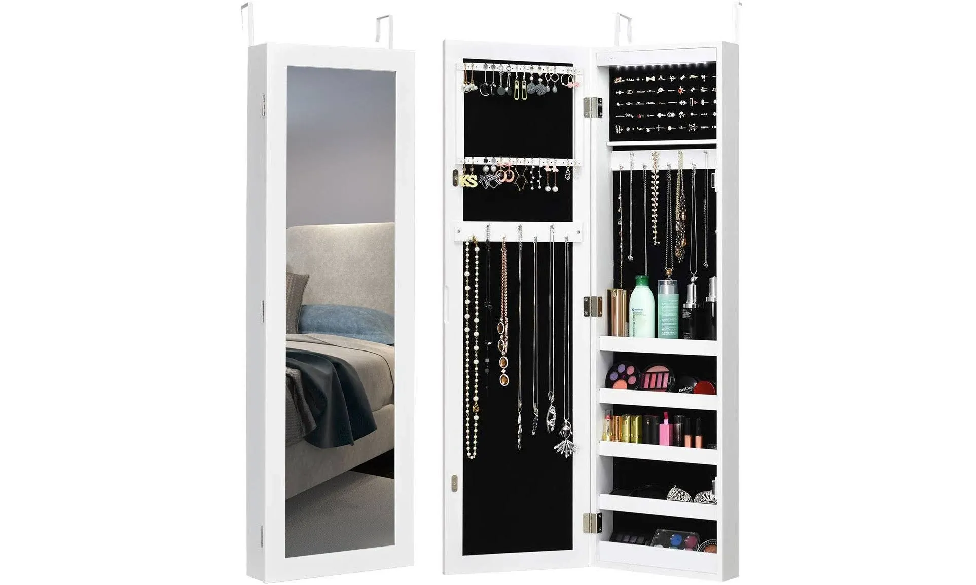 Costway Wall And Door Mirrored Jewelry Cabinet With LED Light