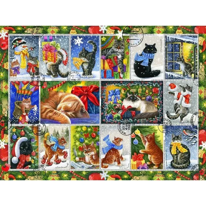 Vermont Christmas Company Christmas Cat Stamps Jigsaw Puzzle 550 Piece - Sealed