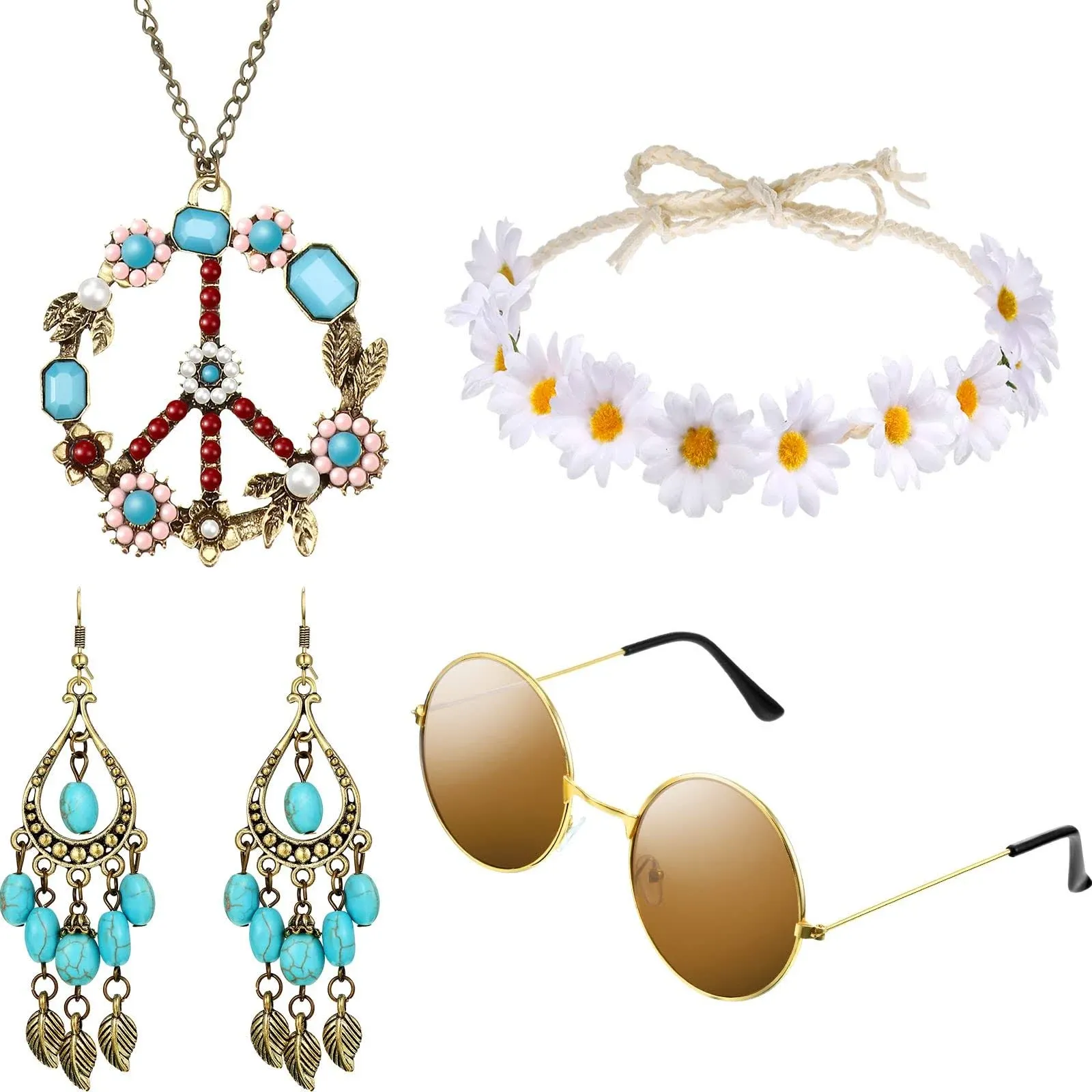 Hicarer Hippie Costume Set Include Sunglasses, Headband, Peace Sign Necklace and ...