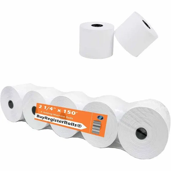 (Pack of 5 Rolls) 2 1/4 x 150 ft, White, Adding Machine Tape Paper Rolls